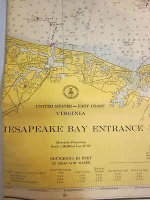 US Coast And Geodetic Maritime Survey  1955 Chesapeake Bay Entrance   Chart • $24.95