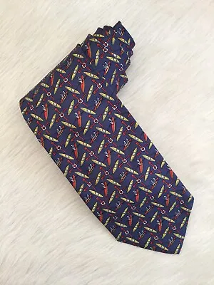 ETRO Milano Men’s Silk Tie Blue With Rowers & Kayakers Classic Prep Made ITALY • $19