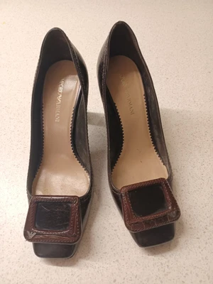 £12 • Buy Emporio Armani Gorgeous Ladies Black Leather Block Heel Slip On Shoes Size Uk 5