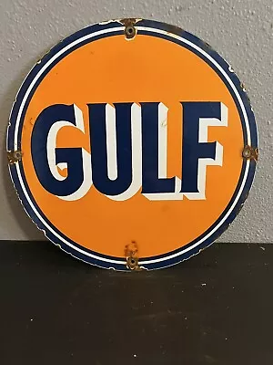 Vintage Gulf Gasoline Porcelain Sign Gas Station Pump Plate Motor Oil Service • $49.99