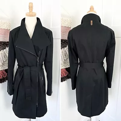 Mackage Estela Leather Trim Belted Zip Up Trench Coat Black Size M • $175