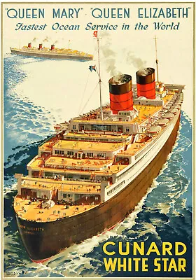 VINTAGE POSTER Cunard White Star Line Cruise Ship Queen Elizabeth PRINT A3 A4 • £9.99