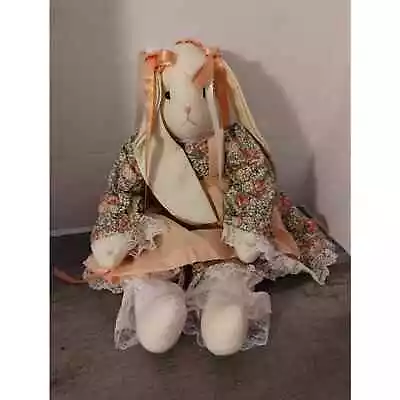 10  Plush Girl Bunny Rabbit Flowered Dress Ribbons White With Floppy Ears • $19.49