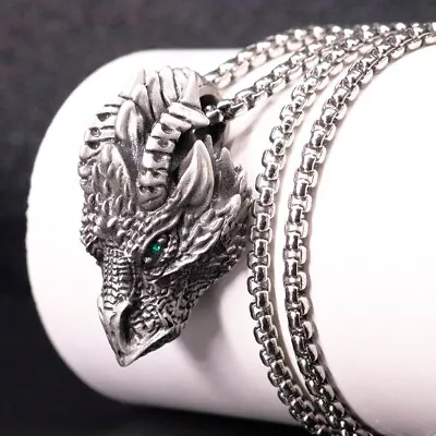 Mens Silver Dragon Pendant Vintage Boy Necklace W/ 24  Men Stainless Steel Chain • $1.99