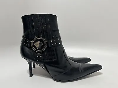 Vtg Versace Black Leather Medusa Boots 39.5 • $325