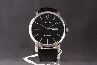 Mens Bulova Black Dial Black Leather Band Automatic Wrist Watch ~wb • $199.95