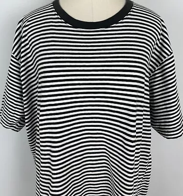 DISTRESSED Vintage 90s Black Striped T-Shirt WOMENS XL Boxy Fit Grunge Preppy • £14.24