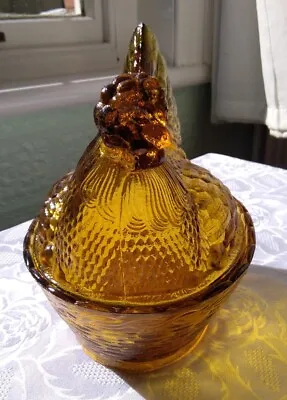 Vintage Amber Glass Hen On Nest Egg Storage Pressed Glass Zabkowice Polish? • £59.99