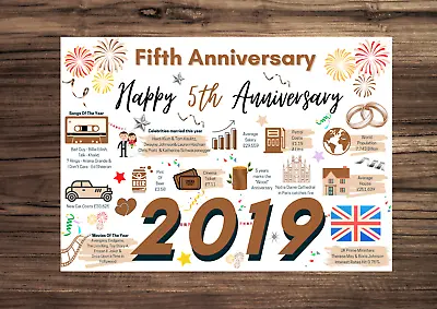 5th Wedding Anniversary Card Wood Wedding - Married In 2019 Year Of FACTS Gift 5 • £3.99