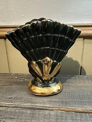 Vintage Mid Century Modern Black And Gold Ceramic Hollywood Regency Fan Vase. • $65