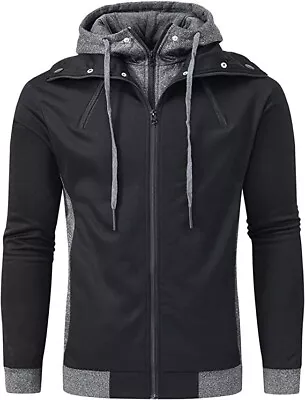 Men's Hooded Jacket Slim Fit Double Zipper Turtleneck Fleece Hoodie 2XL • $39.99