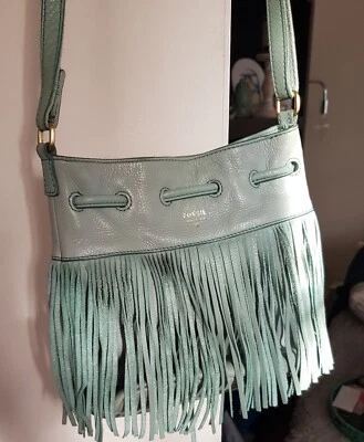 £25 • Buy Fossil Leather Fringe Bucket Bag Turquoise