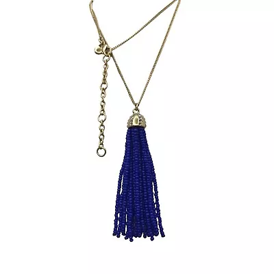 J CREW Tassel Pendant Necklace Blue Bead Brushed Gold Chain 30  Jcrew • $18.82