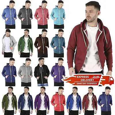 Mens Hoodies Plain Jacket Hooded Drawstring Fleece Zip Up Hoody SweatShirt Top • £6.49