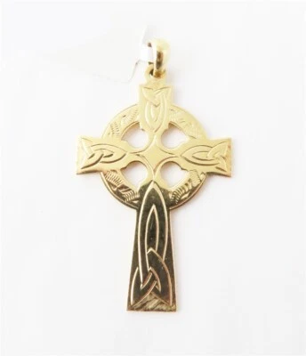 $185 • Buy Irish 14k Yellow Gold Celtic CROSS Etched Pendant 1.75  