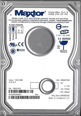 Maxtor DiamondMax Plus 9 6Y200P0 200GB Ide Hard Drive Code: YAR41BW0 KMGD • $63.20