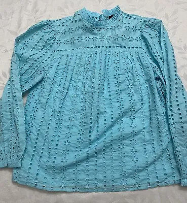 NWT J. Crew Ditsy Embroidered Eyelet Long Sleeve Blouse Boho Aqua Blue XS • $12.99