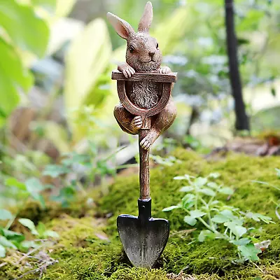 Garden Decor Outdoor Statue Lifelike Bunny Perched On A Shovel Rabbit Figurine • $29.99