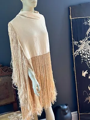 Luxurious Vintage Italian Silk Piano Shawl Wrap W 20  Long Fringe .. Elegant • $145