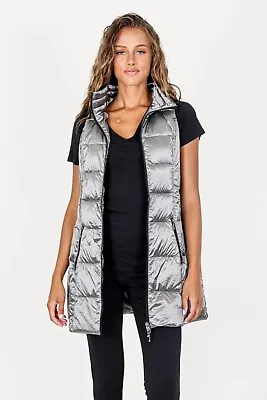 $195 NWT ANORAK Metallic Silver Long Down Vest RARE SPRING FIND! Packable S • $79.99