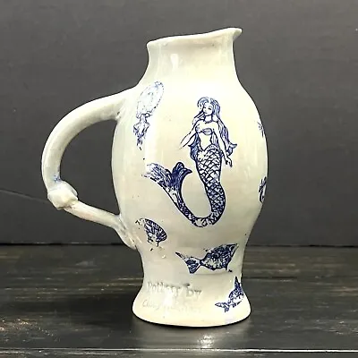 Small Handmade Pottery Jar Vase  Blue Mermaid Fish Jelly Fish Marked • $29.99