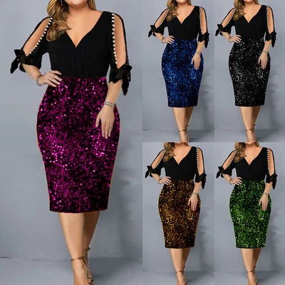 $23.46 • Buy Plus Size Women V Neck Sequins Midi Dress Ladies Bodycon Evening Party Sundress