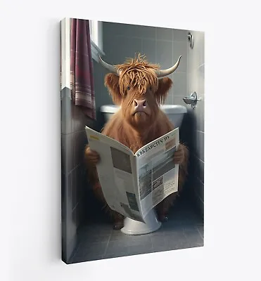 Highland Cow Reading Paper On Toilet Funny Canvas Print Wall Art Décor Picture • £6.99