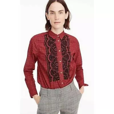 J. Crew Boy Shirt In Red Black Lace Embellished Plaid       Size:  4 • $8.40