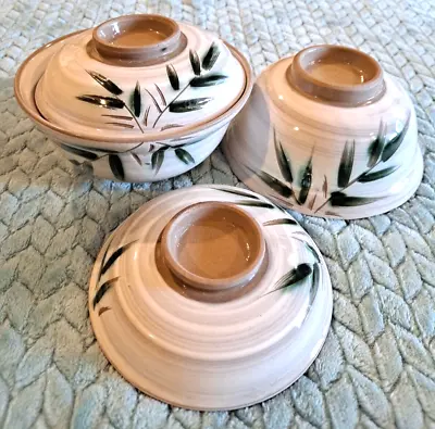 $38 • Buy Set Of 2 Bamboo Design Ceramic Rice Miso Soup Bowls With Lids UNBRANDED
