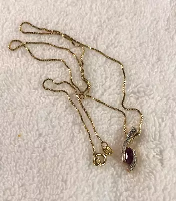 R .925 China Vermeil .50 Cts Natural Marquise Ruby & Diamond Chip 19  Necklace • $17.50