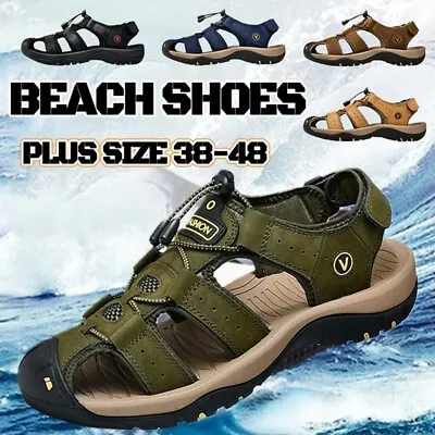 Mens Leather Sandals Summer Casual Beach Shoes Closed Toe Walking Hiking Shoes • £14.84