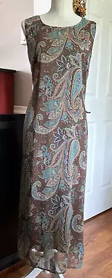 Kari Maxi Dress Women Sz 16 Chiffon Brown Teal Paisley 2 Pc Lined W/ Jacket • $18.88