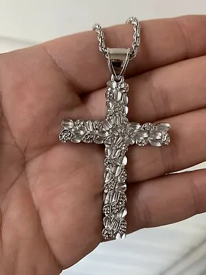 Mens Large 2.25  Solid 925 Sterling Silver Nugget Cross Pendant Crucifix Chain • $45.25