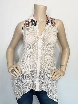 Johnny Was 4 Love And Liberty Sheer Lace Button Sleeveless Shirt Silk Accent • $43.11