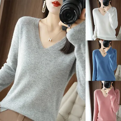 Winter Women Cashmere Sweater Casual V-neck Pullover Fashion Knitted Tops Jumper • £8.44