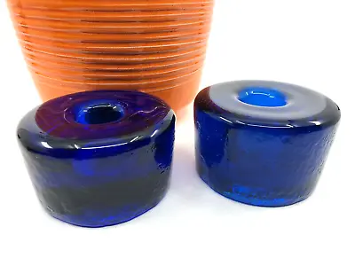 Vintage BLENKO Blue ART GLASS Candle Holders HOCKEY PUCK Heavy MCM Pair TAPER • $35