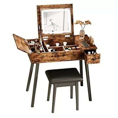  Vanity Desk Set With LED Lighted Mirror & Power Outlet Flip Top Vintage Brown • $243.61