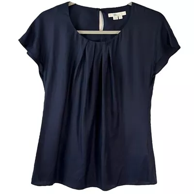 Boden Women's Silk Blend Blouse Navy Blue Cap Sleeves Top Pleated Details Sz 4 • $18.56