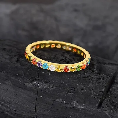 Natural Multi Gemstone Band Ring Solid 14k Yellow Gold Ring Eternity Jewelry US7 • $277.76