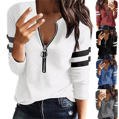 £12.89 • Buy Womens Zip Up V-Neck Long Sleeve Tops Shirt Ladies Ribbed Casual Jumper Blouse