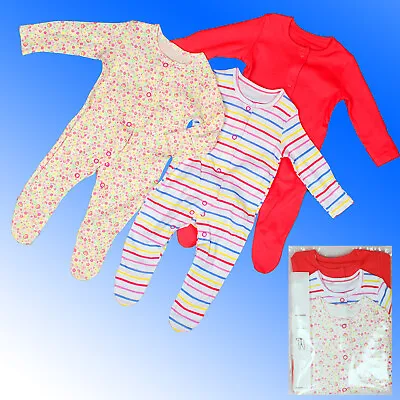 £10.97 • Buy 3 PACK Ex. Mothercare Girls SleepSuits Long Sleeve   NB 0 3 6 9 12 18 24 Months