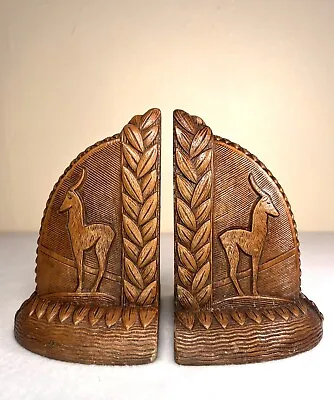 2 Vintage Impala Bookends Brown Painted Carved Wood Braided Egyptian Revival • $24.99