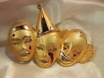 XX Fun Vintage 1970's Massive Gold Tone Three Clowns Mask Circus Brooch 642AG9 • $14.99