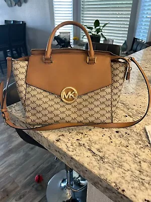 Michael Kors Top Handle Purse Hudson Leather Natural/acorn Brown With Gold • $100