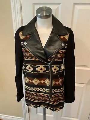 Zara Woman Black Geometric Zip-Up Moto Jacket Size XS • $34.31