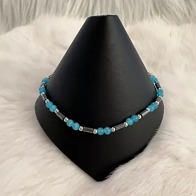 Beautiful Blue Magnetite Beaded Bracelet Anklet Silver Tone Metal 8357 • $9.17