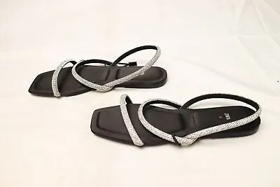 $33.99 • Buy Zara Women's Rhinestone Flat Square Toe Sandals CD4 Black Size US:7.5 UK:5