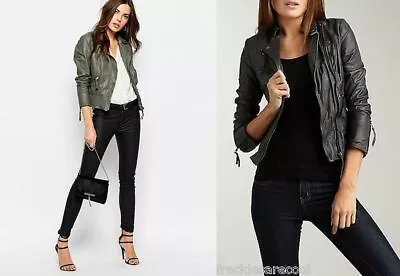 NWT MUUBAA WALMSLEY Washed Leather Biker Jacket ANTHRACITE UK 10 EU38 US 6 Black • $499.99