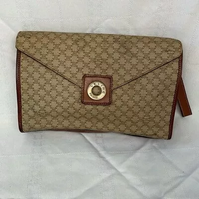 Vintage Celine Macadam Envelope Flap Clutch Wristlet Bag Tan Brown • $265