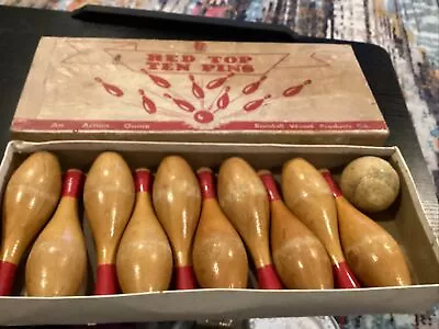 Vintage Toy Mini Red Top Randell Wood Products Wooden Bowling Pen And Ball Set • $30